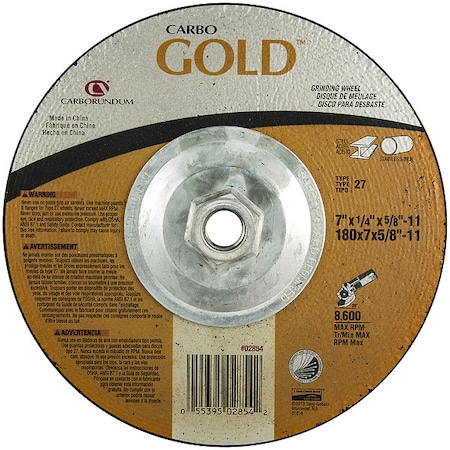 Zoro Select Depressed Center Grinding Wheel, Type 27, 7 in Dia, 0.25 in Thick, 5/8"-11 Arbor Hole Size, 24 Grit 66252850560