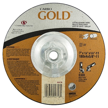 Zoro Select Cut-Off & Grinding Wheel, Type 27, 7 in Dia, 0.125 in Thick, 5/8"-11 Arbor Hole Size, 24 Grit 05539504716