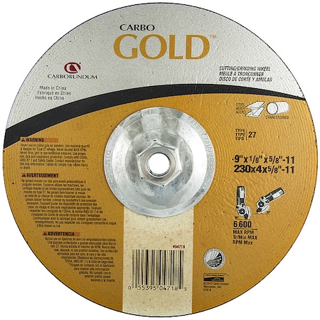 Zoro Select Cut-Off & Grinding Wheel, Type 27, 9 in Dia, 0.125 in Thick, 5/8"-11 Arbor Hole Size, 24 Grit 05539504718