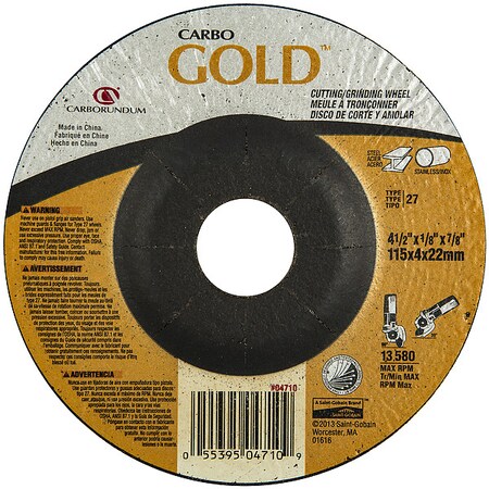 Zoro Select Cut-Off & Grinding Wheel, Type 27, 4 1/2 in Dia, 0.125 in Thick, 7/8 in Arbor Hole Size, 24 Grit 66252850566