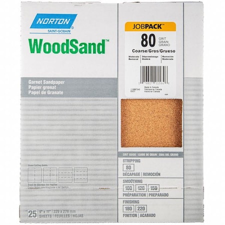 Norton Abrasives Sandpaper Sheet, Grit 80, 11" L, 9" W 07660701584