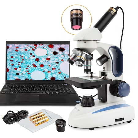 Amscope M158 Student Cordless Monocular Compound Microscope 40X-1000X w/Top & Bottom Lights and 2MP USB Cam M158C-2L-E2