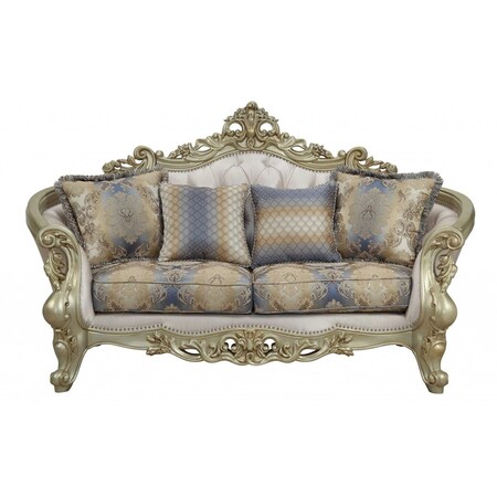 Homeroots 78in Gold Floral Loveseat and Toss Pillows 348232