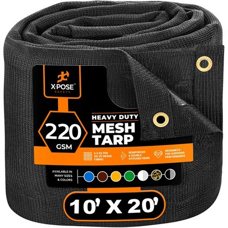 Xpose Safety Heavy Duty Mesh Tarp, 10 ft x 20 ft, 220 GSM, Black, Mesh BMT-1020-X