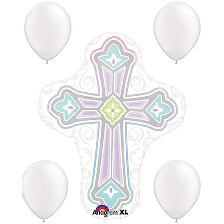 Loonballoon Religious Balloons, 28 inch 1ST COMMUNION CROSS, 4 pearl white latex set LOON-LAB-30414-01-A-P