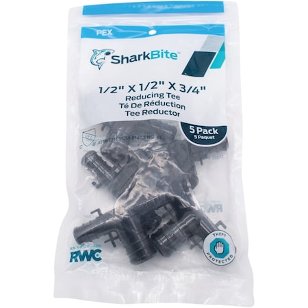 Sharkbite PEX-B 1/2''x1/2''x3/4'' Poly Alloy Barb Tee, 5PK UP408A5
