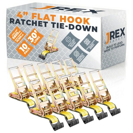 Jrex Safety 10PK HD Ratchet Straps with Flat Hooks, Yellow 4 in x 30 ft Tie Downs RTD430-JR-FH-10PK