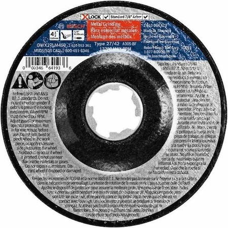 Bosch Depressed Center Grinding Wheel, Type 27, 4 1/2 in Dia, 0.25 in Thick, 7/8 in Arbor Hole Size GWX27LM450