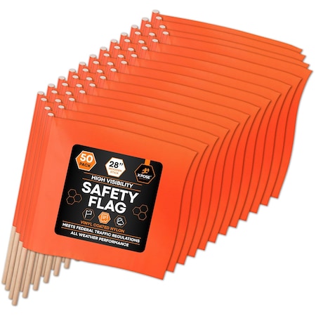 Xpose Safety 18in x 18in Orange Warning/Safety Flag with 28in Wood Staff, 50PK WF28-18-50-X