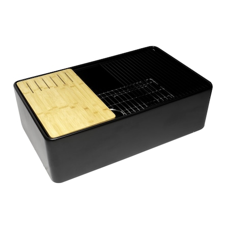 Alfi Brand Black Matte Workstation 33''X20'' Single Bowl Step Rim Fireclay Farm Sink W/ Accessories ABFS3320S-BM