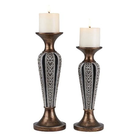 Homeroots Set of Two Bronze and Silver Polyresin Hearts Centerpiece Pillar Candle Holders With Candle, 2PK 468848