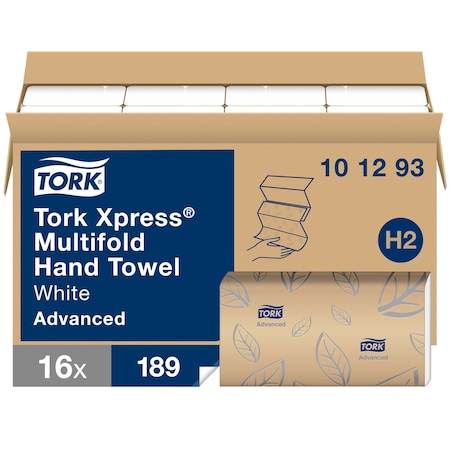 Tork Multifold Paper Towel Sheets, 2 Ply, 189 Sheets, White, 16 PK 101293