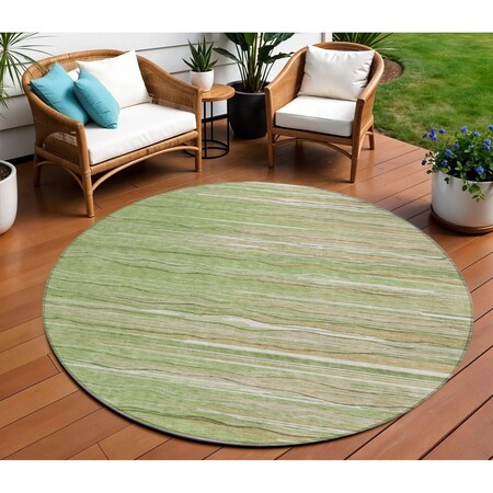 Homeroots 8' Green Beige And Ivory Round Striped Washable Indoor Outdoor Area Rug 597237
