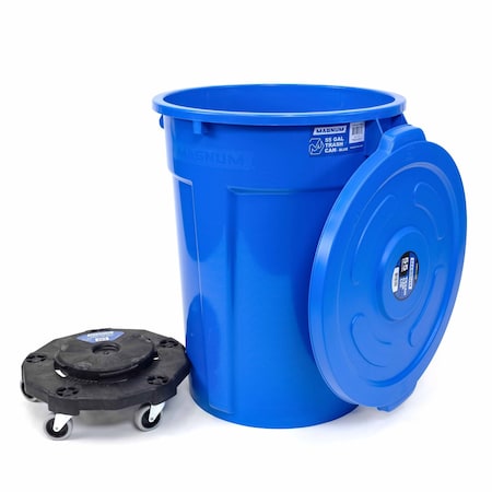 Magnum Tool Blue 55 Gallon Trash Can Set, Trash Can, Quiet Dolly, and Reinforced Lid, 1 Set CMTC-CLD0-55B01