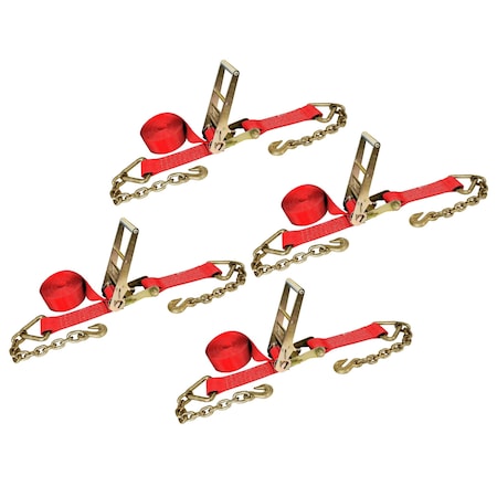 Tie 4 Safe 3'' x 30' Ratchet Strap w/ Chain Extension. WLL: 5,400 LBS Red, 4PK RT20R-1530-F87-R-C-4