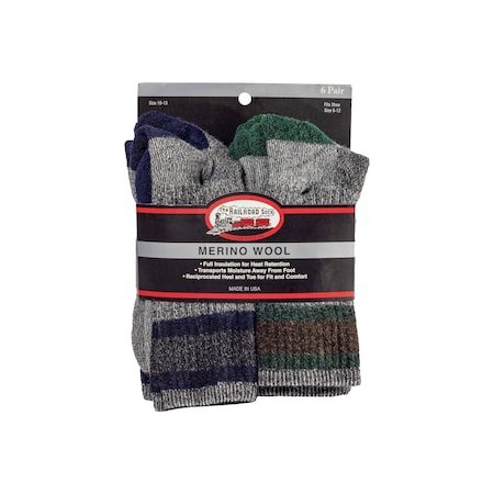 Railroad Sock Mens Crew Socks, 5% Merino Wool, 40% Acrylic, 13% Stretch Nylon, 2% Elastic, 6-12 M, 6 PK 2846