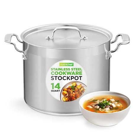 Nutrichef 14 Quart Stock Pot with Lid - Heavy Duty Stainless Steel, Induction Ready, Ergonomic Handles NCSPT14Q