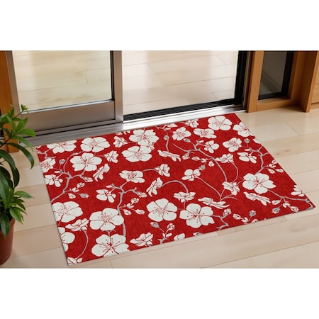 Homeroots 3' X 5' Red Ivory And Gray Floral Washable Indoor Outdoor Area Rug 599916