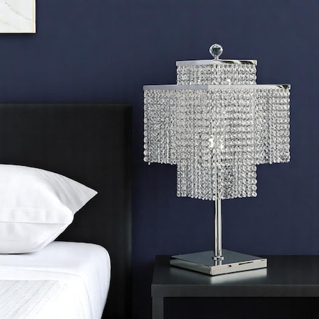 Homeroots 22" Silver Metal Four Light Square Table Lamp LED With Clear Crystal Novelty Shade 558370