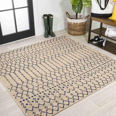 Jonathan Y Ourika Moroccan Geometric Textured Weave Beige/Navy 8 ft Square Indoor/Outdoor Area Rug SMB108H-8SQ