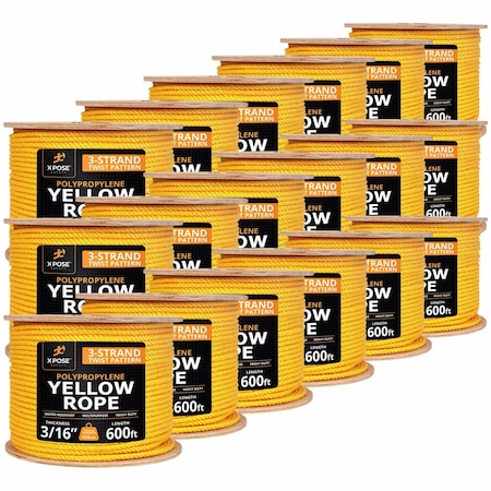 Xpose Safety 3/16in x 600 ft Twisted Polypropylene Rope, Yellow, 18PK YPR316-600-18-X