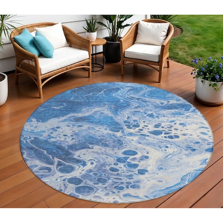 Homeroots 8' Navy Blue And Ivory Round Abstract Washable Indoor Outdoor Area Rug 618306