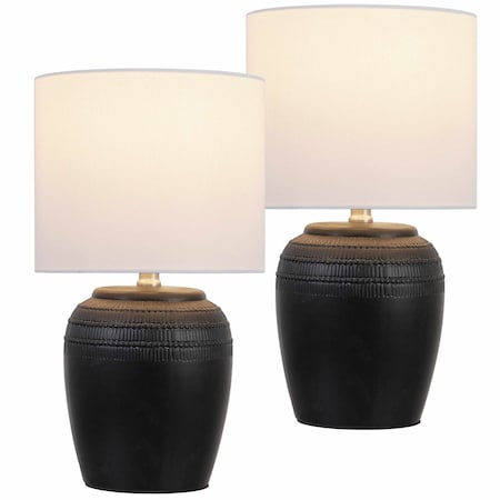 Jonathan Y Hugo 16.75" Traditional Rustic Reeded Ceramic Vase LED Table Lamp, Black/Nickel, 2PK JYL5707A-SET2