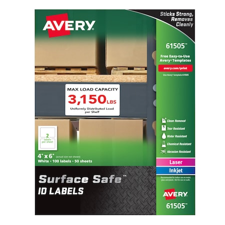 Avery Multiple Purpose Labels, 6 in Label W, 4 in Label H, 50 Labels per Sheet White 7278261505