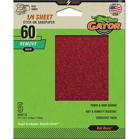 Gator Finishing Red Resin 1/4 Sheet Stick-On Sandpaper, 60 Grit, 5PK 4075