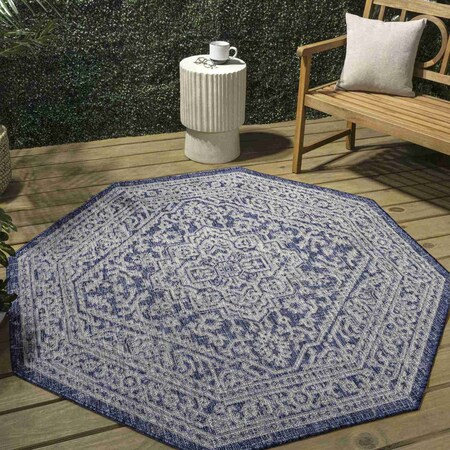 Jonathan Y Sinjuri Medallion Textured Weave Navy/Gray 5 ft Octagon Indoor/Outdoor Area Rug SMB101B-5TGN