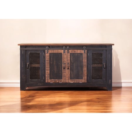 Homeroots 60" Black Solid Wood Cabinet Enclosed Storage Distressed TV Stand 528709