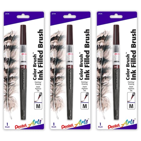 Pentel Color Brush with Water-Based Ink, Medium Tip, Sepia, 3PK GFLBP141