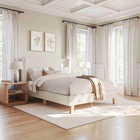 Martha Stewart Maisie Queen Upholstered Platform Bed, Wingback Headboard and Cushioned Siderails TW-3WDB0032BC-Q-OWH-MS
