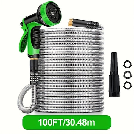 Wrightmaster 5/8 in. x 100 ft. Stainless Steel Garden Hose with 10 Mode Nozzleand‌Leak-Proof Technology‌ ZR-SG-2