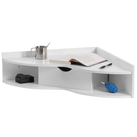 Basicwise White Corner Desk Heart Shaped Wall Mntd Office Table w/Drawer and 2 Shelves Computer Writing Desk QI004024.WT