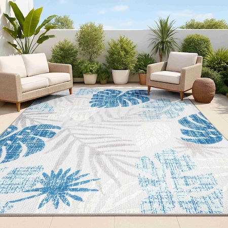 Jonathan Y Monstera Tropical Leaf High-Low Light Gray/Navy 4 ft. x 6 ft. Indoor/Outdoor Area Rug AMC113A-4