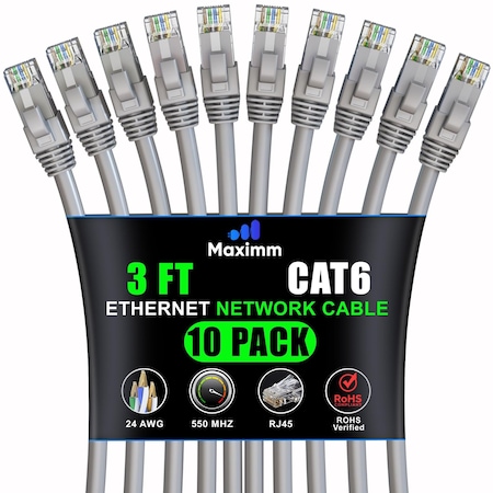 Maximm Cat6 Ethernet Cable 3ft 10Gbps 550MHz UTP, 10PK, Gray, 10PK CAT6CCA-3FTGR-10PK