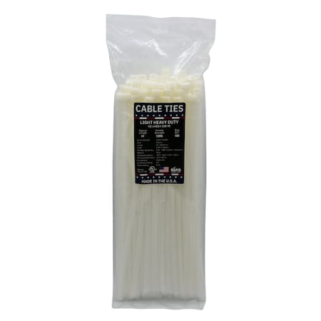 Cable Ties Unlimited Cable Tie, 14 in L, 120 lb Strength, 4.1 in Max Bundle Dia, Nylon 6/6, Natural 100PK US-LHD14-120-9C