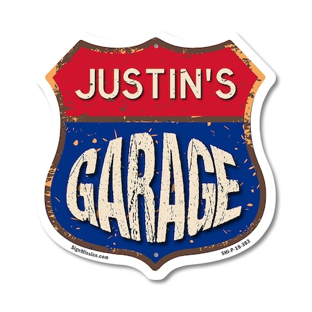 Signmission Justin's Garage, 18 Inch X 18 Inch, Plastic Sign SHI-P-18-383-JUSTIN
