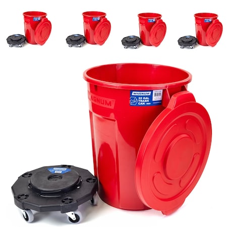 Magnum Tool Red 32 Gallon Trash Can Set (Trash Can, Quiet Dolly, and Reinforced Lid) (5 Set) CMTC-CLD0-32R05