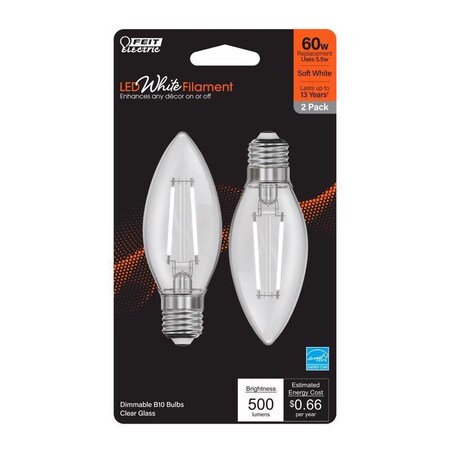 Feit Electric White B10 E26 (Medium) Filament LED Bulb Soft White 60 Watt Equivalence, 2PK BPETC60927WFIL2