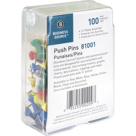 Business Source Push Pin, Assorted, Round, PK100 BSN81001