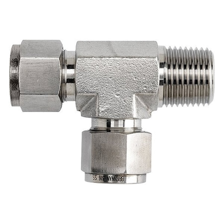 Brennan Industries Tee, SS, Comp 1/4", MNPT 3/8", Comp 1/4" NS2605-04-06-04-SS