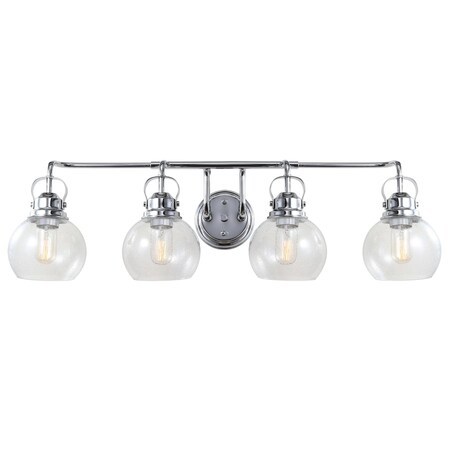 Jonathan Y Shirley 34" 4-Light Farmhouse Industrial Metal LED Vanity Light w/ Seeded Glass Globe Shades, Chrome JYL7406A