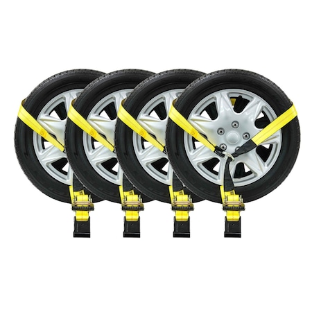 Mytee Products 2in x 14ft Lasso Ratchet Strap Flat Hook Wheel Net Auto Tow Towing Tie Down, 4PK RST-214SMx4