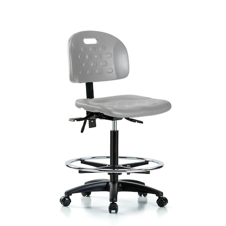 Blue Ridge Ergonomics Polyurethane Chair - High Bench Height with Chrome Foot Ring & Casters in Gray Polyurethane HPHBCH-RG-T0-A0-CF-RC-GRY