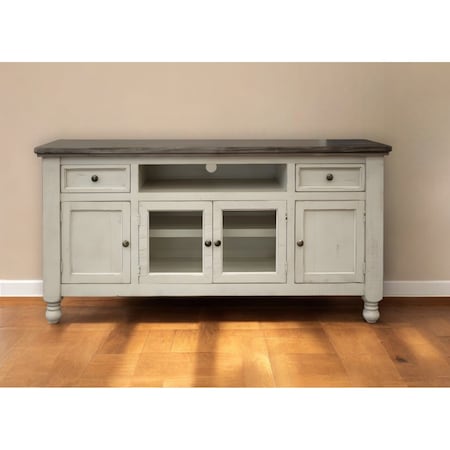 Homeroots 60" Ivory Solid Wood Open shelving Distressed TV Stand 528712