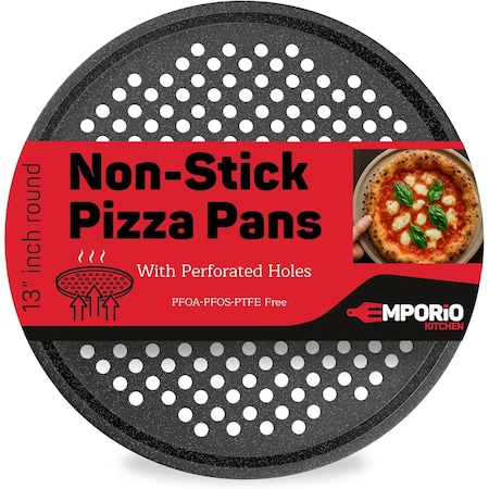Emporio Kitchen Non-Stick Pizza Pan, 13in Carbon Steel, Perforated, Gray Marble Coating, Oven Safe EKPIZP1X