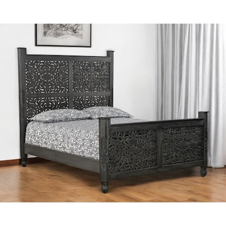 Homeroots Black Carved Floral Distressed Solid Wood Queen Bed Frame 521078