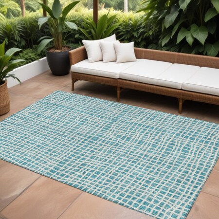 Homeroots 9' X 12' Teal Blue And Ivory Striped Washable Indoor Outdoor Area Rug 583466